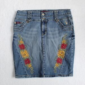 Baby Phat Denim Skirt Y2K Womens Size 16 Blue Floral Embroidered Sequin Vintage
